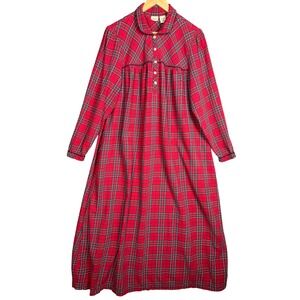 LL Bean Flannel Nightgown Womens L Red Plaid Tartan Cotton Sleepwear READ